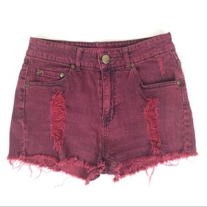 High Waist Cut off Distressed Shorts Red Stretchy